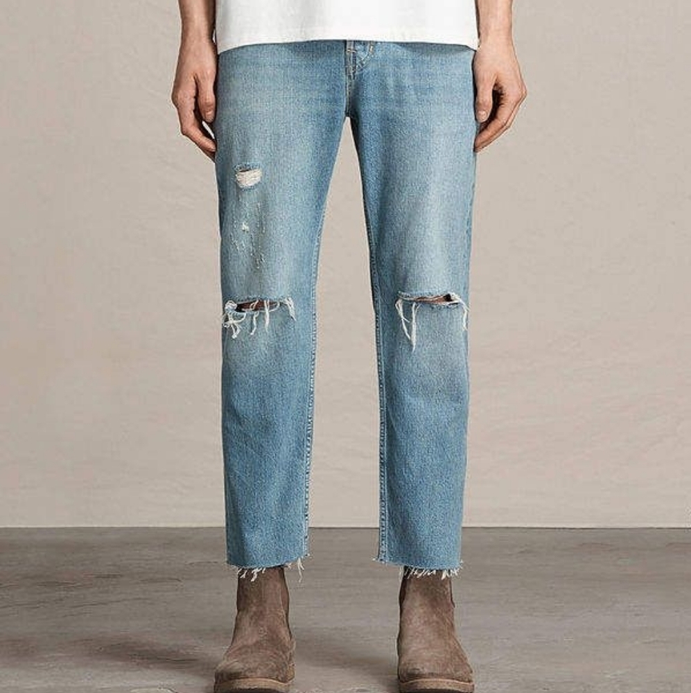 Allsaints Danvers Sid Men's Distressed Cropped Blue Jeans